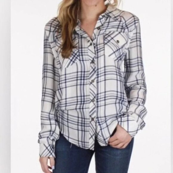 Anthropologie Ash and Ember Button Down Shirt Flannel Plaid White Size Small - Picture 1 of 15